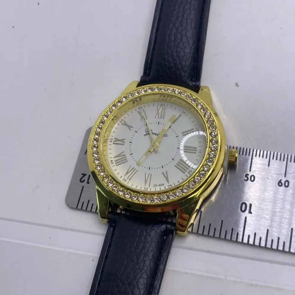 Geneva Gold Tone Rhinestone Black Leather Watch New Battery